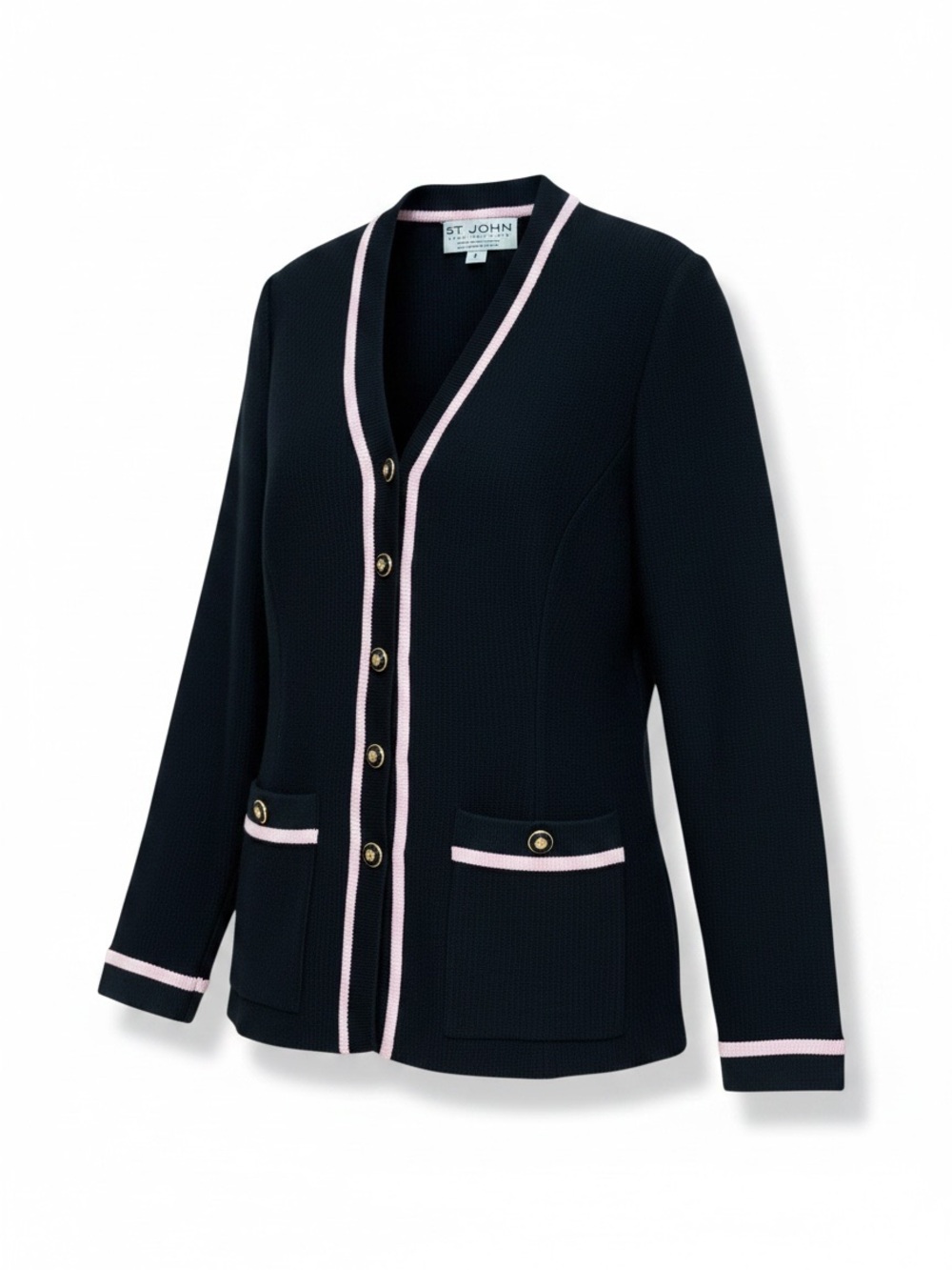 St. John Black and Pink Knit Button Up Cardigan Jacket Size P